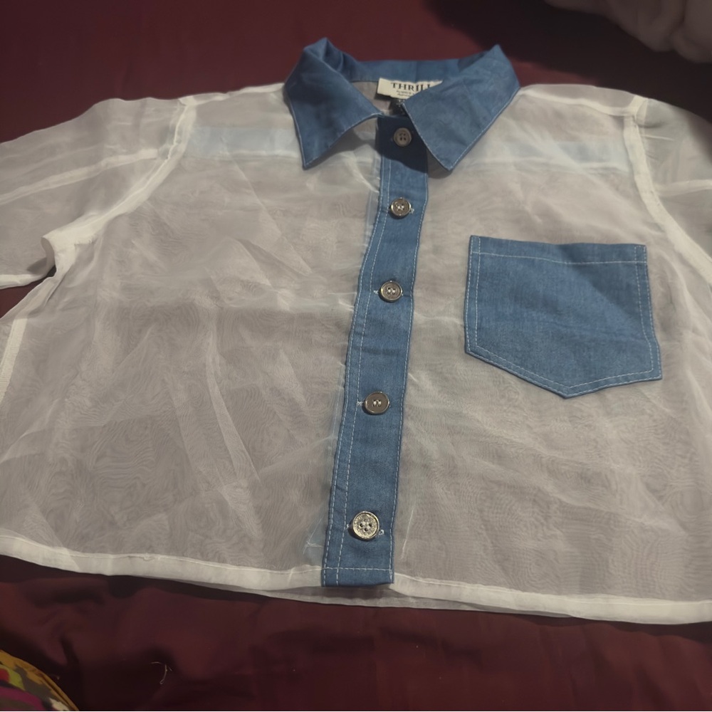 Trendy Sheer White and Blue Shirt